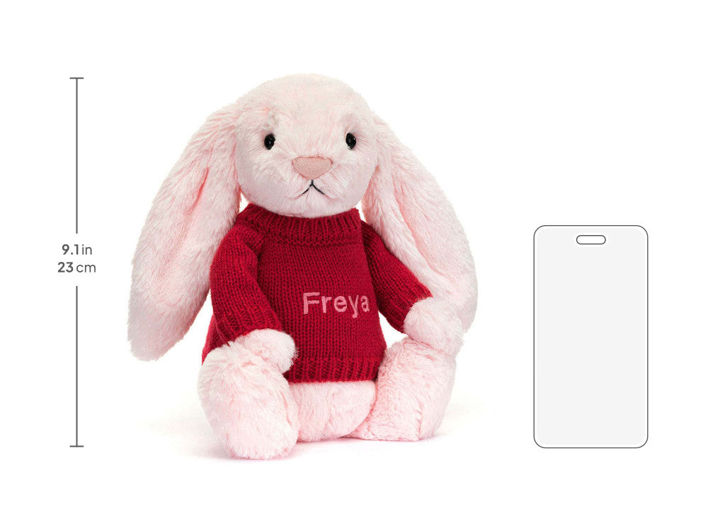 Bashful Pink Bunny with Personalized Red Jumper
