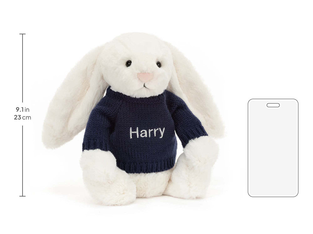 Bashful Cream Bunny with Personalized Navy Jumper