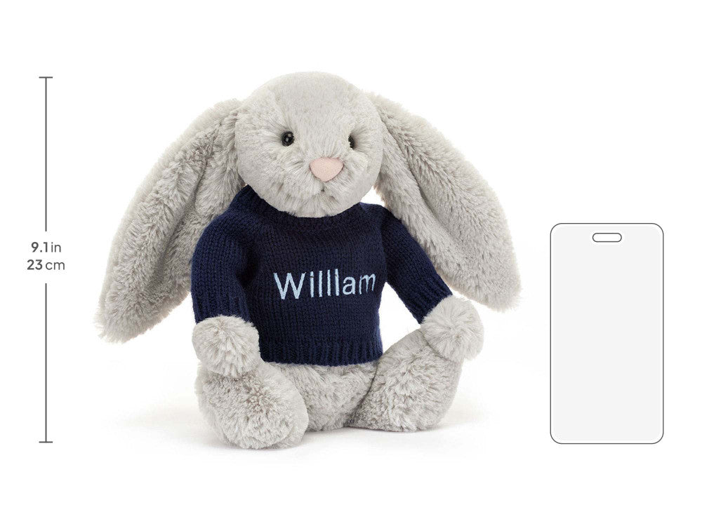 Bashful Silver Bunny with Personalized Navy Jumper