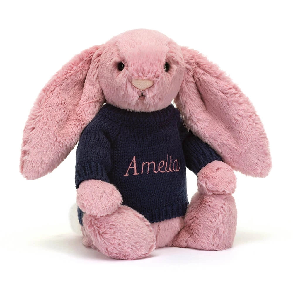 Bashful Tulip Pink Bunny with Personalized Navy Jumper