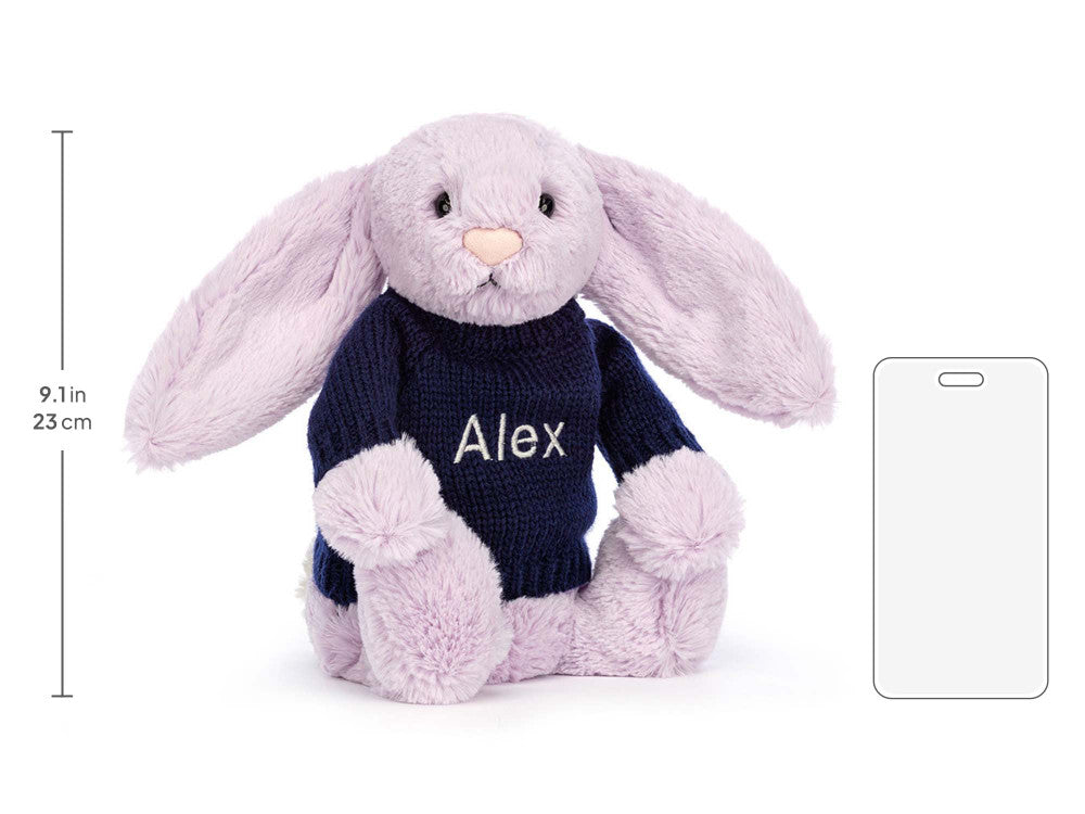 Bashful Lilac Bunny with Personalized Navy Jumper
