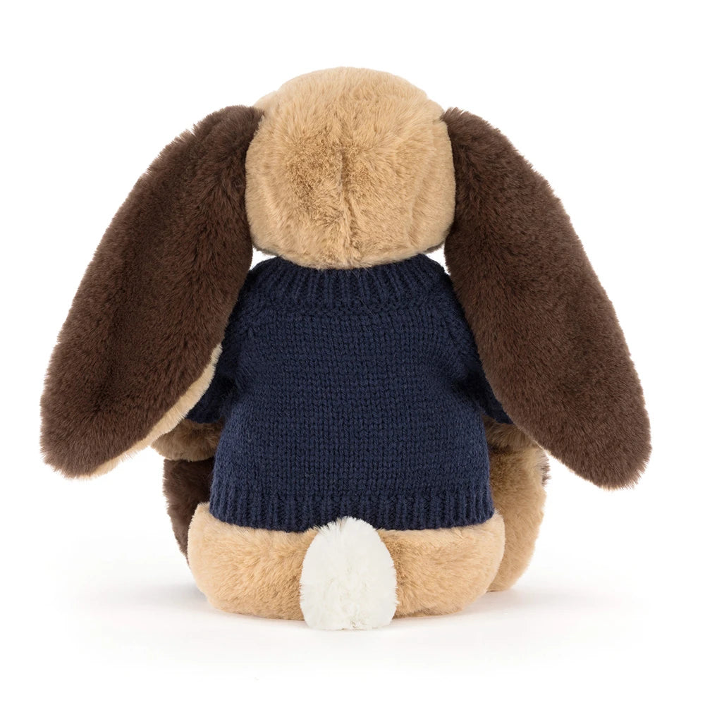 Bashful Patchwork Brown Bunny with Personalized Navy Jumper