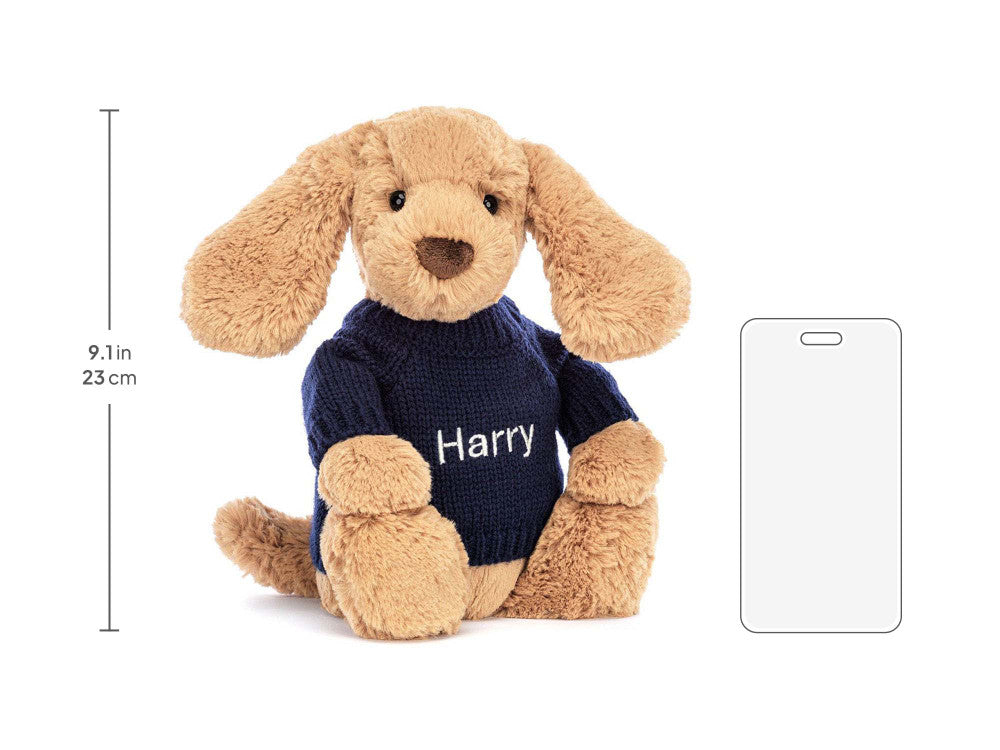 Bashful Toffee Puppy with Personalized Navy Jumper