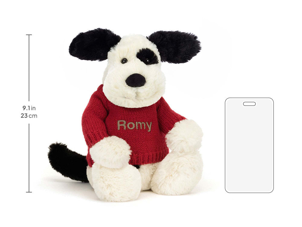 Bashful Black & Cream Puppy with Personalized Red Jumper