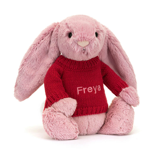Bashful Tulip Pink Bunny with Personalized Red Jumper