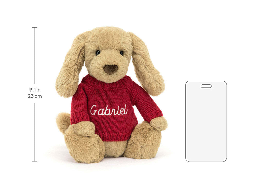 Bashful Toffee Puppy with Personalized Red Jumper