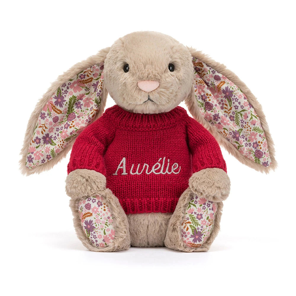 Blossom Beige Bunny 'Petal' with Personalized Red Jumper